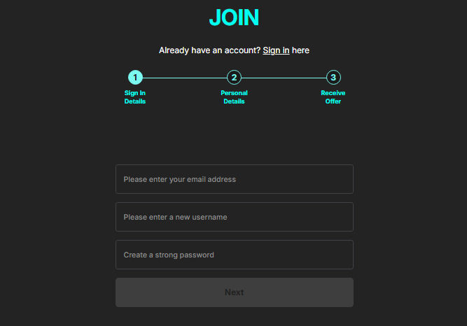 Sign-in details form with email, username and password fields