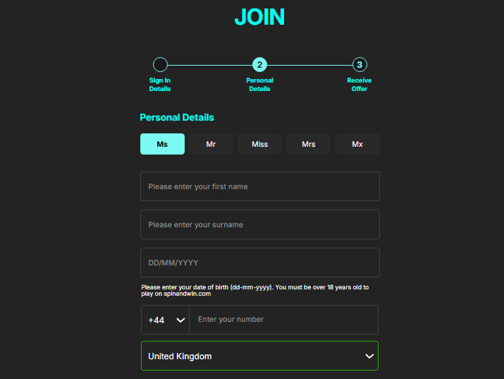 Personal details form with title, name, birth date and phone fields
