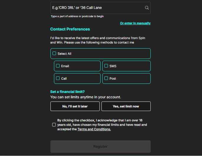 Address form with contact preferences and registration confirmation checkbox